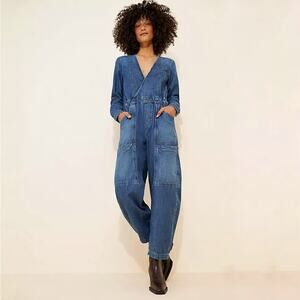 Free People‎ Archie Denim Jumpsuit Coveralls Utility Size Medium Barrel Leg